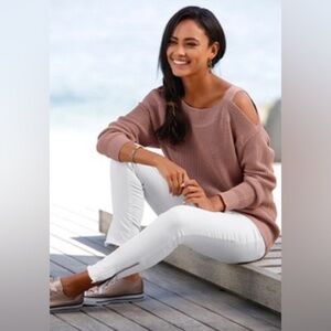 Polly & Esther Drop Sleeve Cut Out Cold Shoulder Sweater